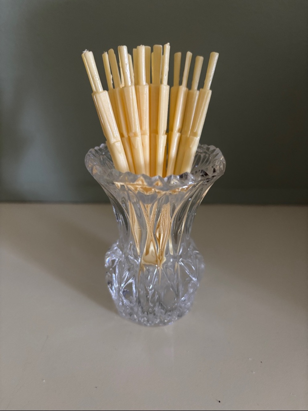 Vintage MCM Ivory Cocktail Picks in Princess House Cut Glass Toothpick Holder